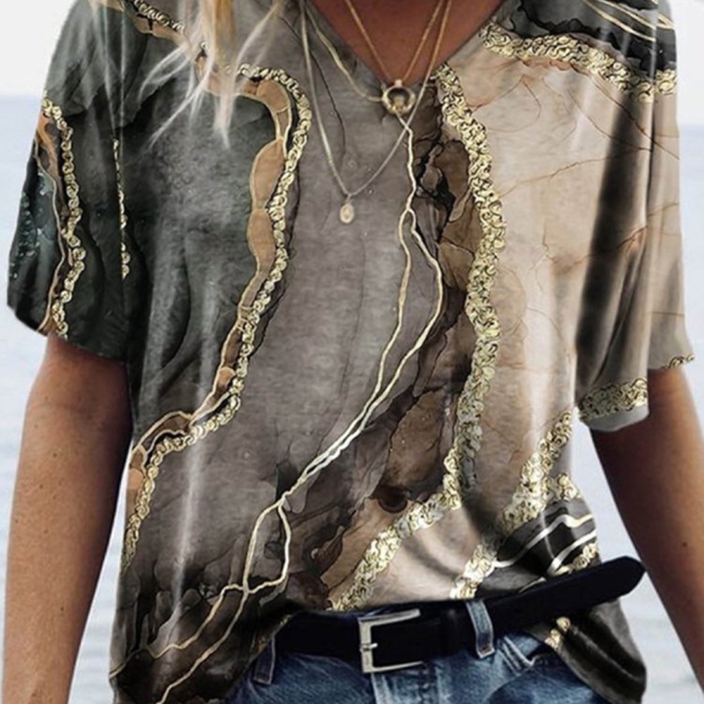 Marble V-neck T-shirt black tan size L NWT